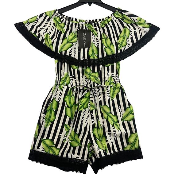 Style House Off The Shoulder Romper Womens Size M Green Lace Boho Elastic Waist - Picture 1 of 11